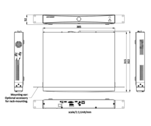 مخطط أبعاد جهاز NVR يوضح المقاسات بالملليمتر والبوصة من الأمام والجانب والخلف مع توزيع المنافذ.