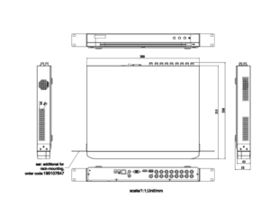 مخطط أبعاد جهاز DVR يوضح المقاسات بالملليمتر من جميع الجوانب مع عرض المنافذ الخلفية وفتحات التهوية.