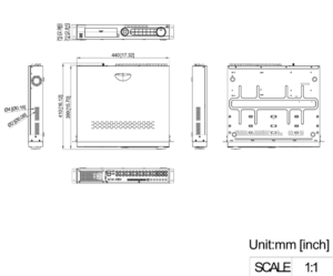 مخطط أبعاد جهاز DVR راك يوضح المقاسات بالملليمتر والبوصة من الأمام والجانب والخلف مع توزيع المنافذ.