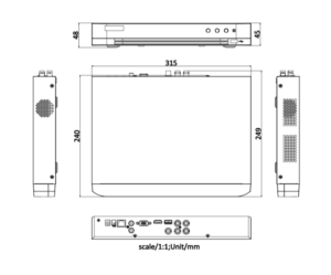 مخطط أبعاد جهاز DVR يوضح المقاسات بالملليمتر من جميع الجوانب مع عرض المنافذ الخلفية وفتحات التهوية. عرض الجهاز 315 مم، الارتفاع حوالي 240–249 مم، والعمق 45–48 مم.