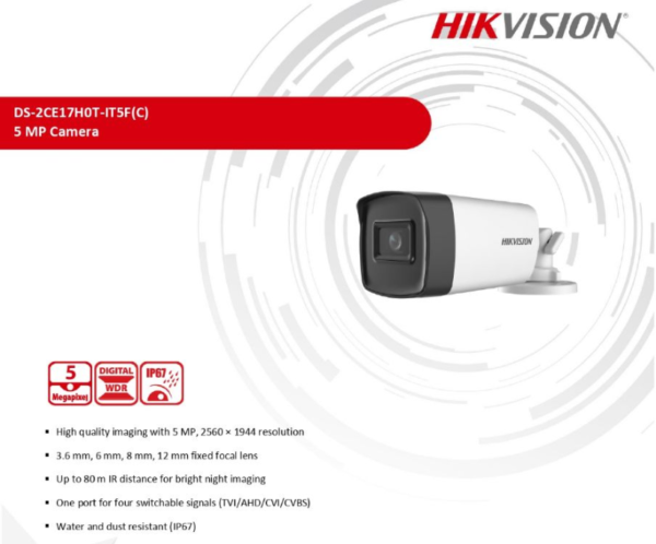 كاميرا Hikvision DS-2CE17H0T-IT5F بعدسة 3.6mm