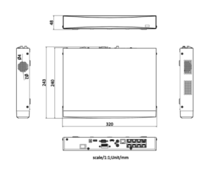 مخطط أبعاد جهاز NVR يوضح المقاسات بالملليمتر والبوصة من الأمام والجانب والخلف مع توزيع المنافذ.