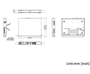 مخطط أبعاد جهاز NVR يوضح المقاسات بالملليمتر والبوصة من الأمام والجانب والخلف مع توزيع المنافذ.